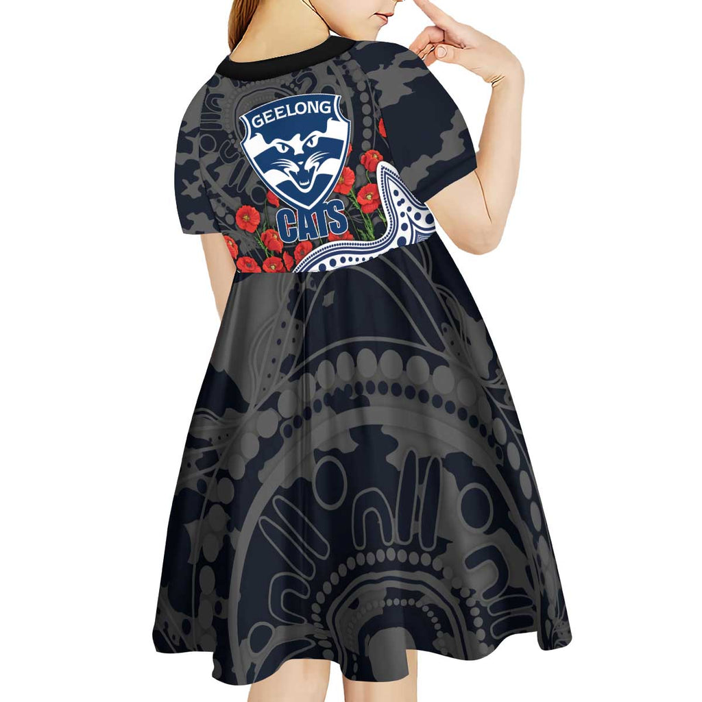 Geelong Cats ANZAC Day Kid Short Sleeve Dress Indigenous Dot Art with Poppy Flower Tribute