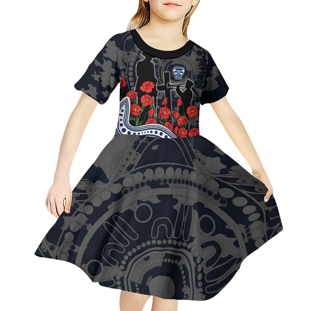 Geelong Cats ANZAC Day Kid Short Sleeve Dress Indigenous Dot Art with Poppy Flower Tribute