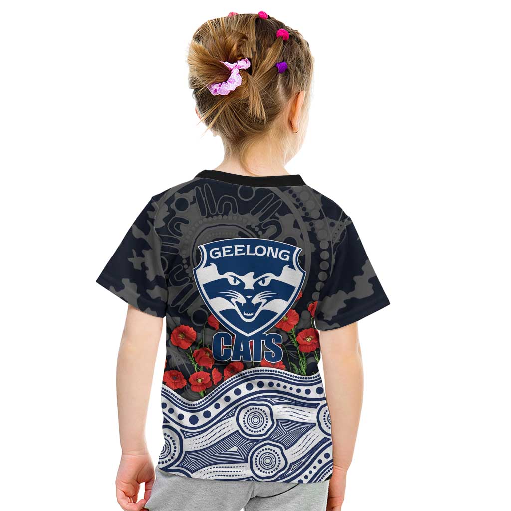 Geelong Cats ANZAC Day Kid T Shirt Indigenous Dot Art with Poppy Flower Tribute