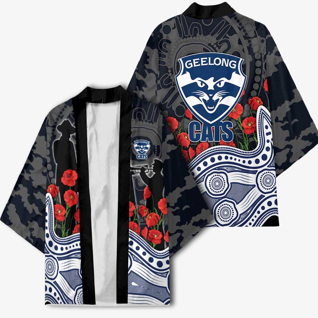 Geelong Cats ANZAC Day Kimono Indigenous Dot Art with Poppy Flower Tribute