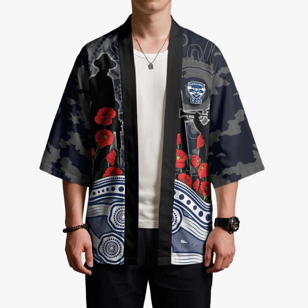 Geelong Cats ANZAC Day Kimono Indigenous Dot Art with Poppy Flower Tribute