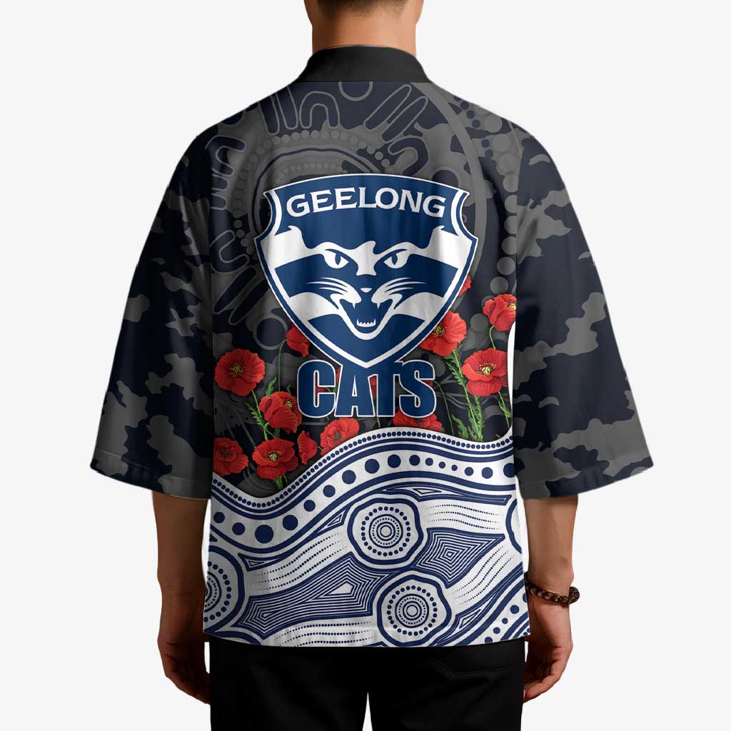 Geelong Cats ANZAC Day Kimono Indigenous Dot Art with Poppy Flower Tribute