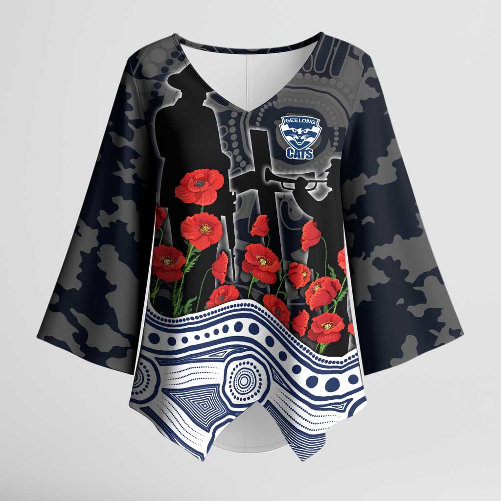 Geelong Cats ANZAC Day Kimono Sleeve Blouse Indigenous Dot Art with Poppy Flower Tribute