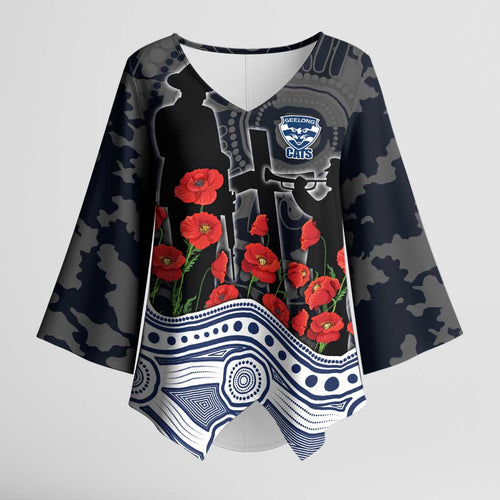 Geelong Cats ANZAC Day Kimono Sleeve Blouse Indigenous Dot Art with Poppy Flower Tribute
