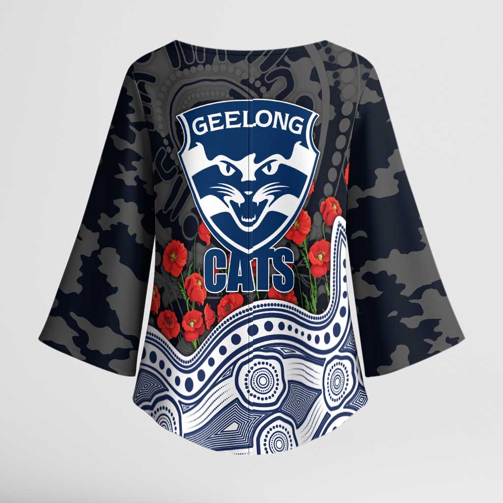 Geelong Cats ANZAC Day Kimono Sleeve Blouse Indigenous Dot Art with Poppy Flower Tribute