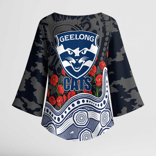 Geelong Cats ANZAC Day Kimono Sleeve Blouse Indigenous Dot Art with Poppy Flower Tribute