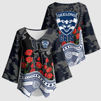 Geelong Cats ANZAC Day Kimono Sleeve Blouse Indigenous Dot Art with Poppy Flower Tribute