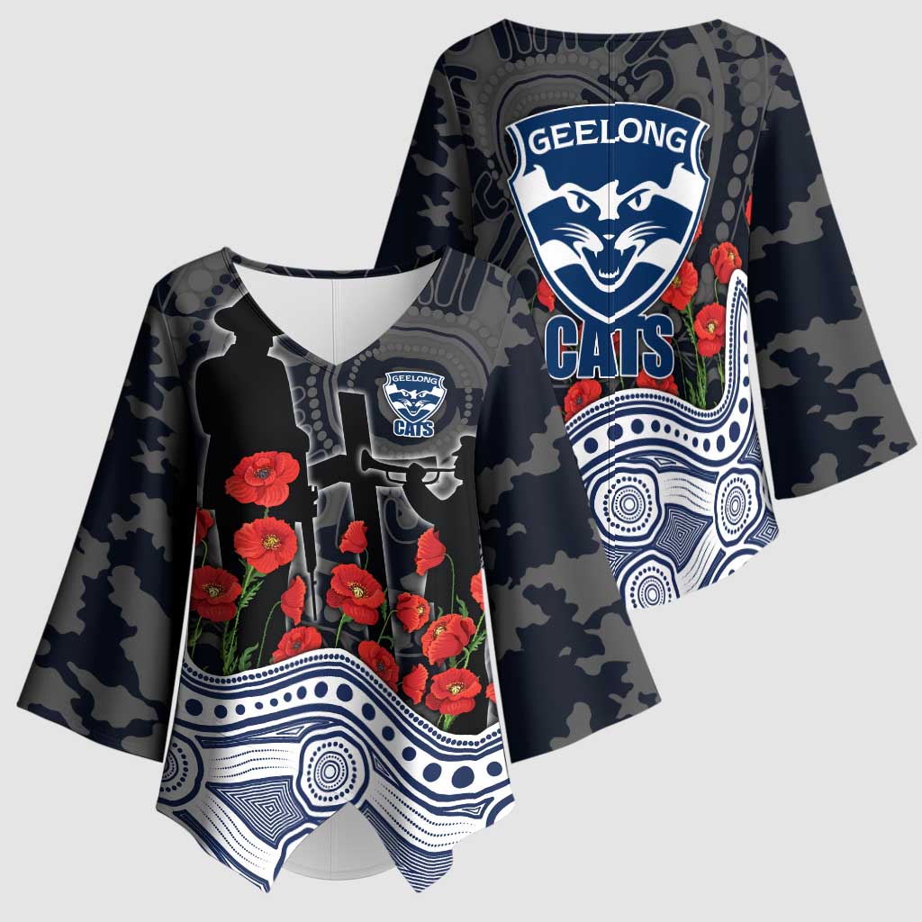 Geelong Cats ANZAC Day Kimono Sleeve Blouse Indigenous Dot Art with Poppy Flower Tribute