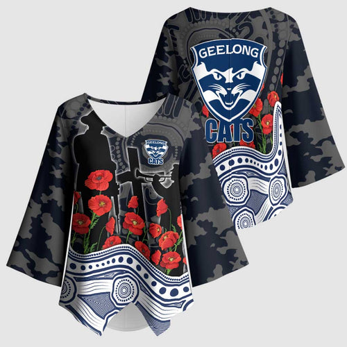 Geelong Cats ANZAC Day Kimono Sleeve Blouse Indigenous Dot Art with Poppy Flower Tribute