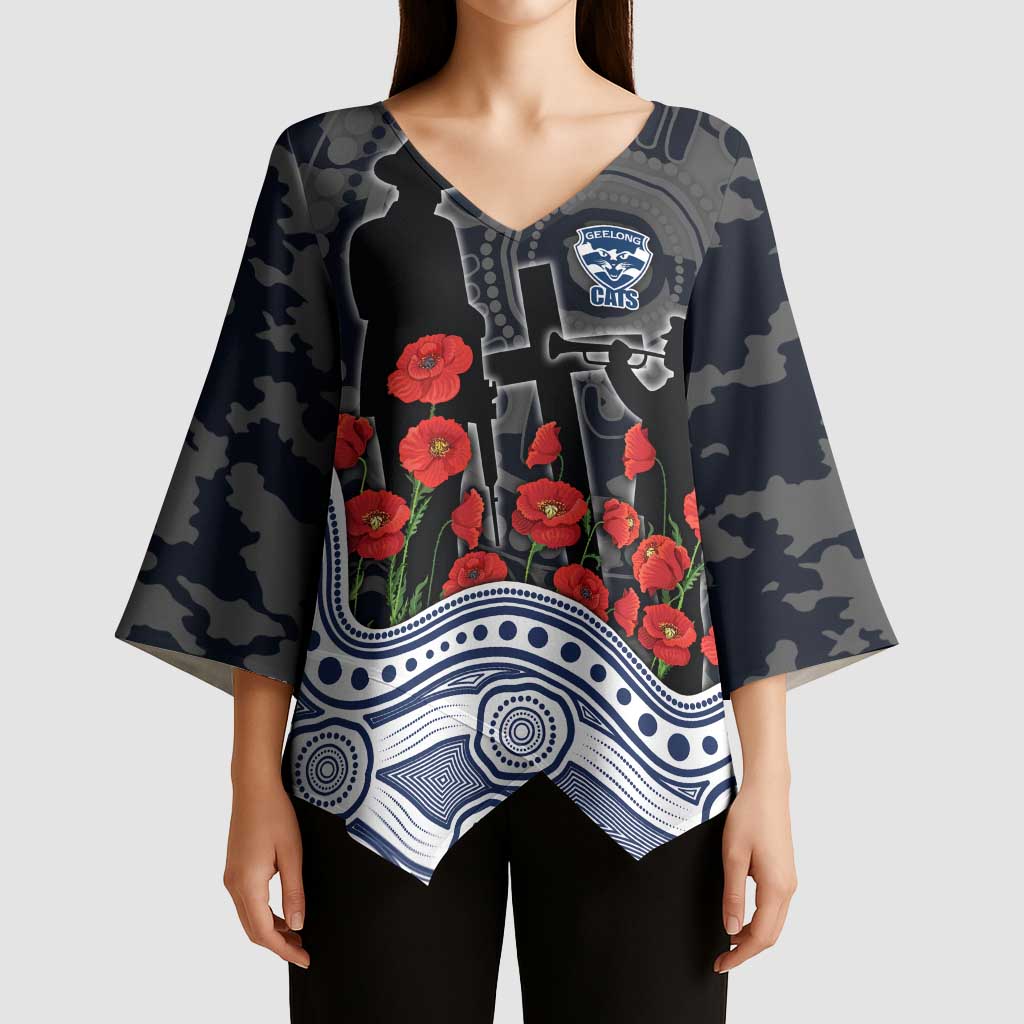 Geelong Cats ANZAC Day Kimono Sleeve Blouse Indigenous Dot Art with Poppy Flower Tribute