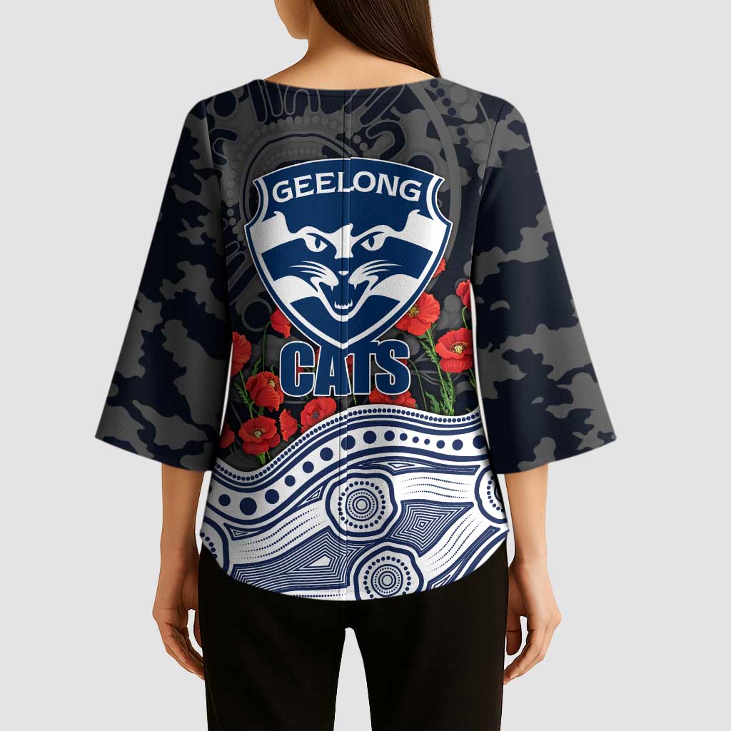 Geelong Cats ANZAC Day Kimono Sleeve Blouse Indigenous Dot Art with Poppy Flower Tribute