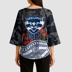 Geelong Cats ANZAC Day Kimono Sleeve Blouse Indigenous Dot Art with Poppy Flower Tribute