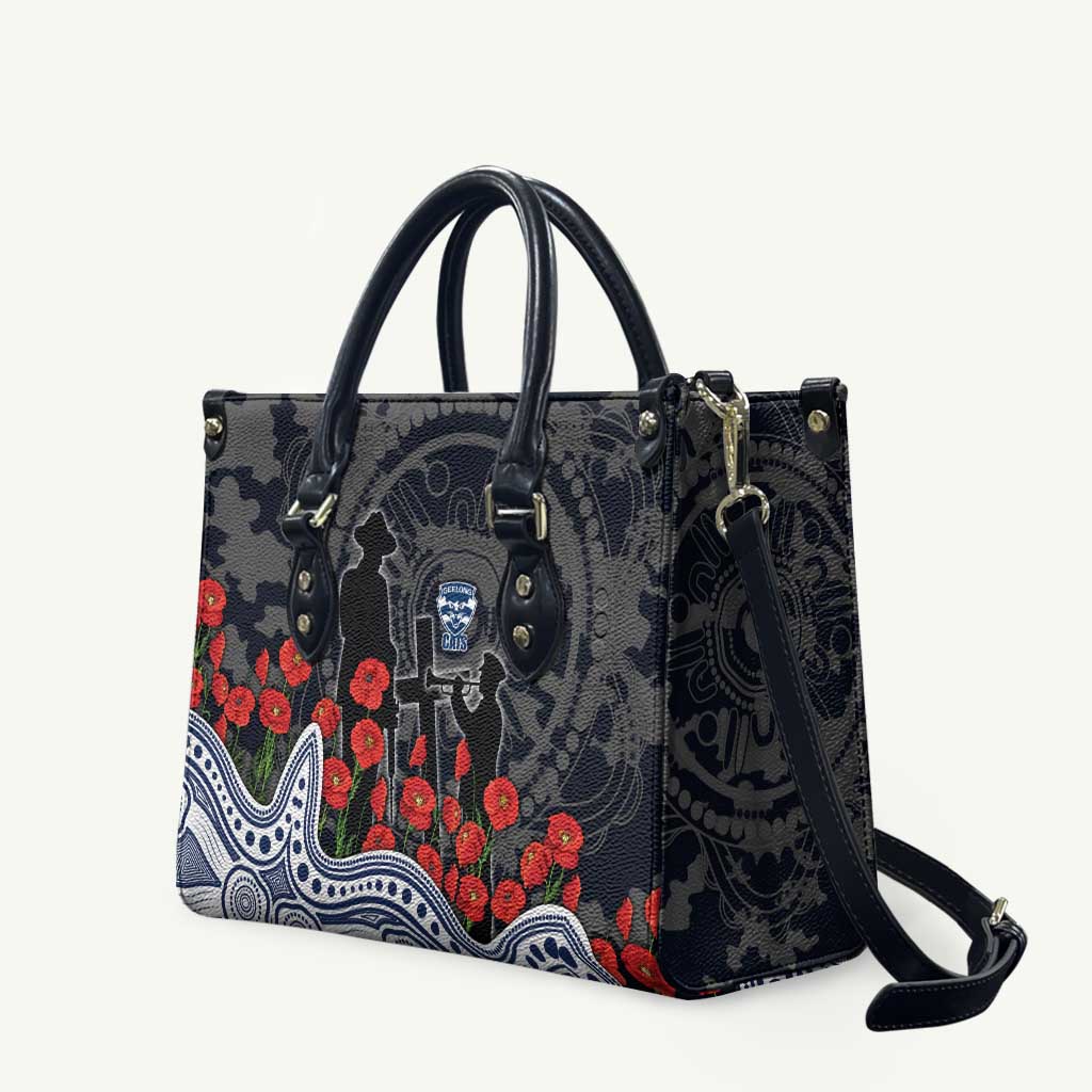 Geelong Cats ANZAC Day Leather Bag Indigenous Dot Art with Poppy Flower Tribute
