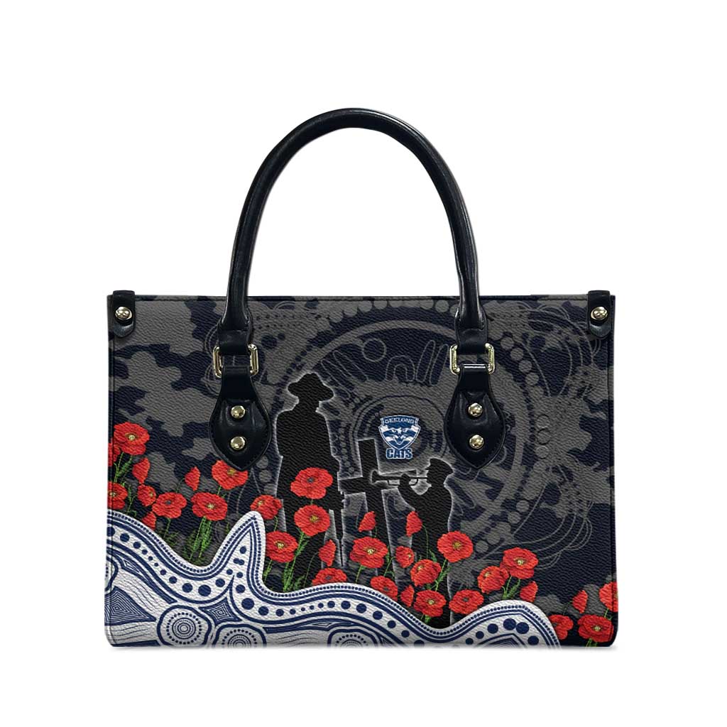 Geelong Cats ANZAC Day Leather Bag Indigenous Dot Art with Poppy Flower Tribute