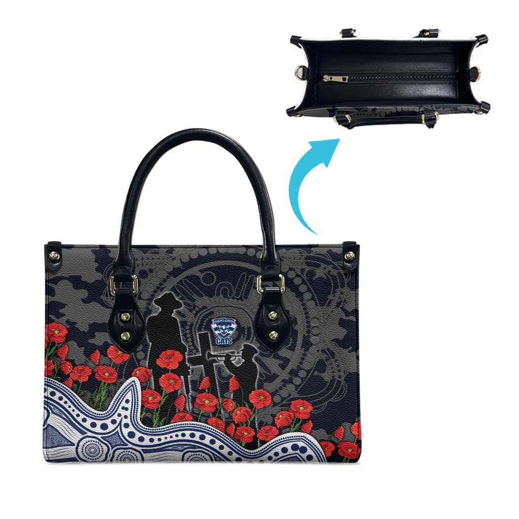 Geelong Cats ANZAC Day Leather Bag Indigenous Dot Art with Poppy Flower Tribute