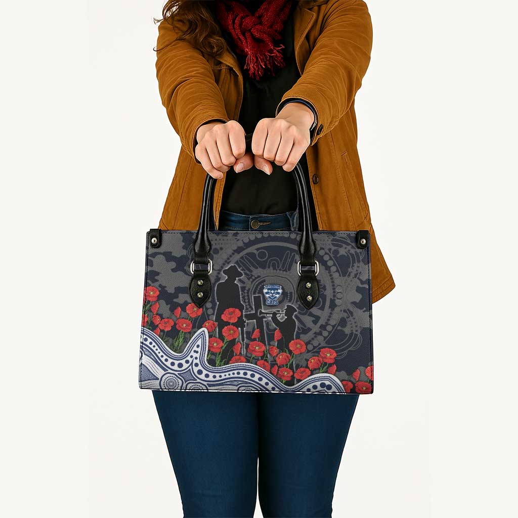 Geelong Cats ANZAC Day Leather Bag Indigenous Dot Art with Poppy Flower Tribute
