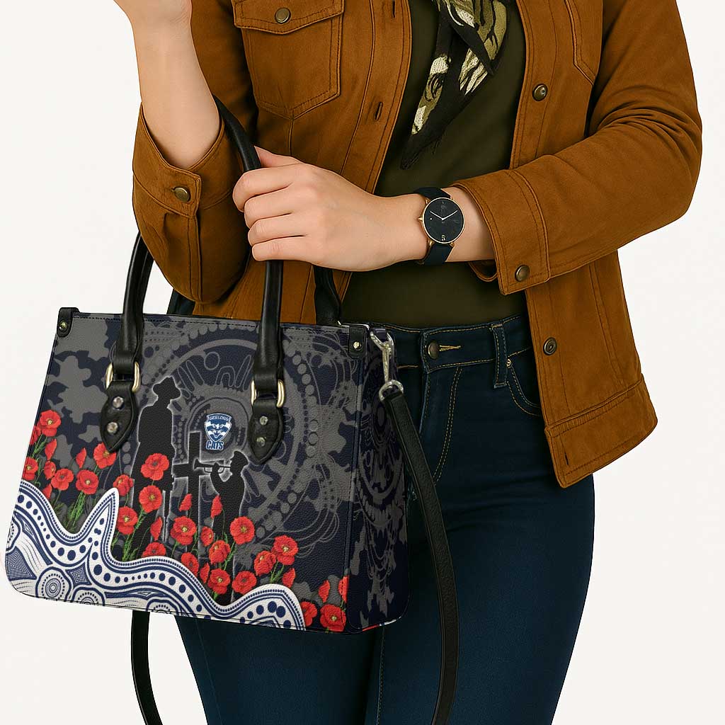 Geelong Cats ANZAC Day Leather Bag Indigenous Dot Art with Poppy Flower Tribute