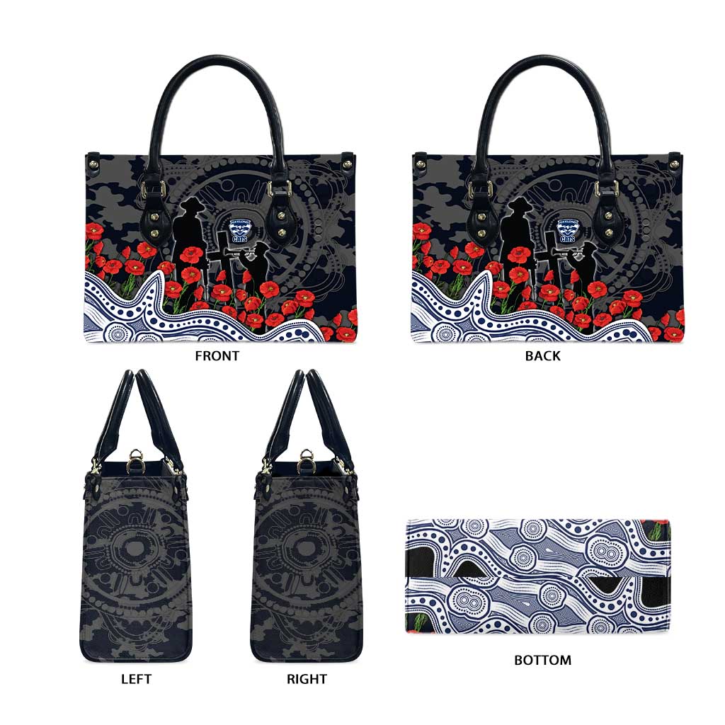 Geelong Cats ANZAC Day Leather Bag Indigenous Dot Art with Poppy Flower Tribute
