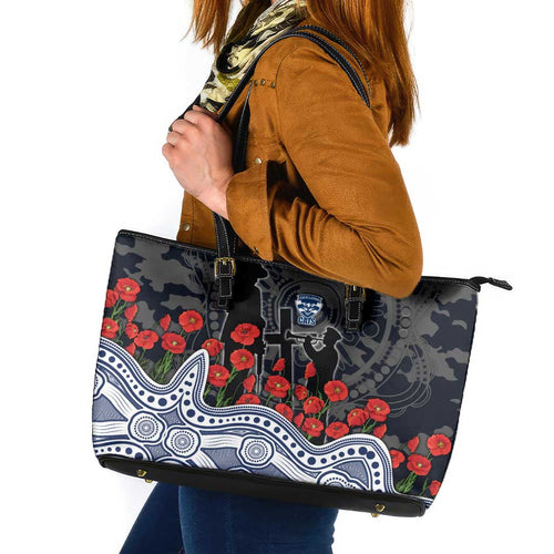 Geelong Cats ANZAC Day Leather Tote Bag Indigenous Dot Art with Poppy Flower Tribute