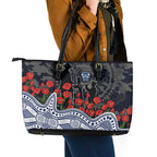 Geelong Cats ANZAC Day Leather Tote Bag Indigenous Dot Art with Poppy Flower Tribute