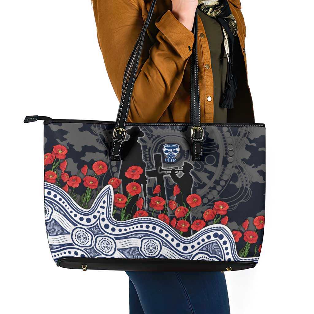 Geelong Cats ANZAC Day Leather Tote Bag Indigenous Dot Art with Poppy Flower Tribute