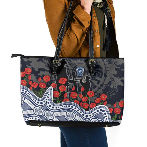 Geelong Cats ANZAC Day Leather Tote Bag Indigenous Dot Art with Poppy Flower Tribute
