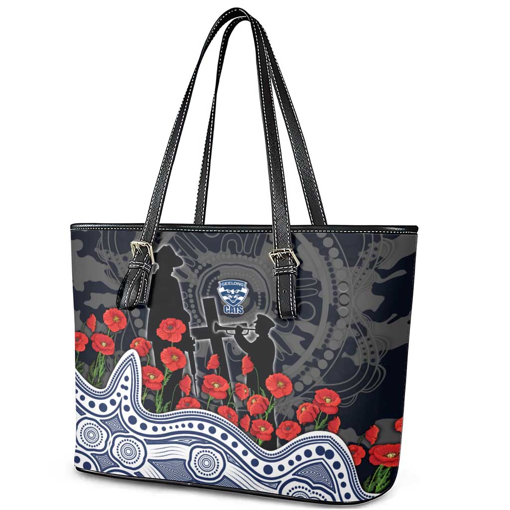 Geelong Cats ANZAC Day Leather Tote Bag Indigenous Dot Art with Poppy Flower Tribute
