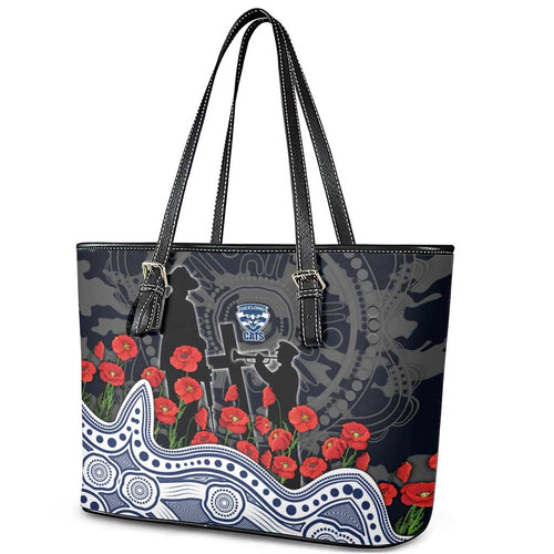 Geelong Cats ANZAC Day Leather Tote Bag Indigenous Dot Art with Poppy Flower Tribute