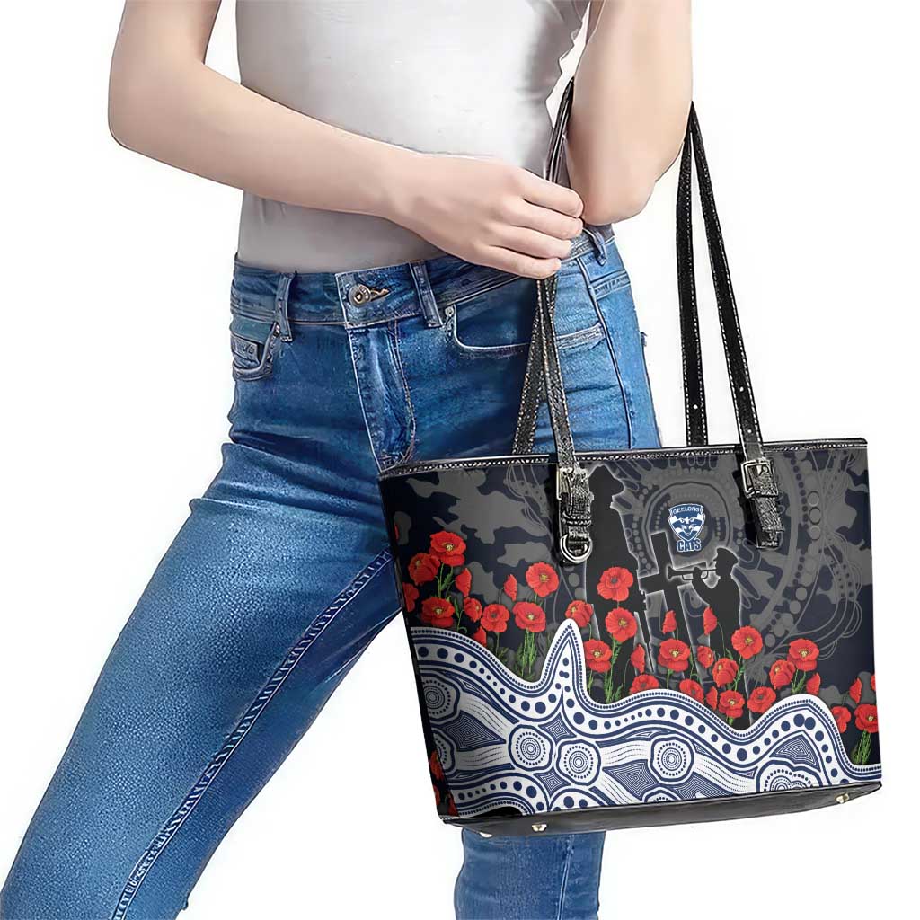 Geelong Cats ANZAC Day Leather Tote Bag Indigenous Dot Art with Poppy Flower Tribute