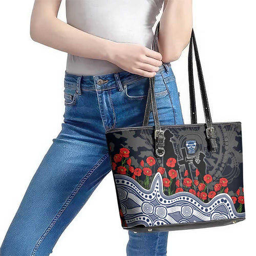 Geelong Cats ANZAC Day Leather Tote Bag Indigenous Dot Art with Poppy Flower Tribute