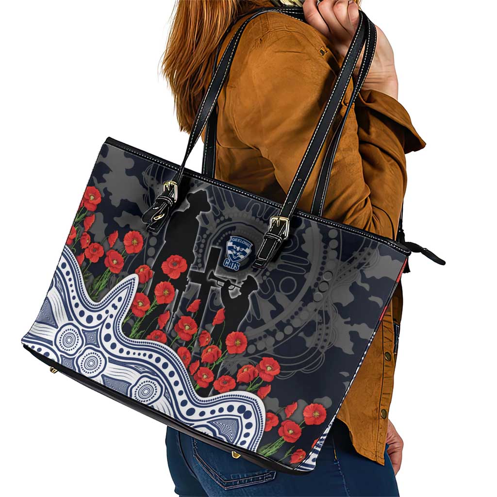 Geelong Cats ANZAC Day Leather Tote Bag Indigenous Dot Art with Poppy Flower Tribute