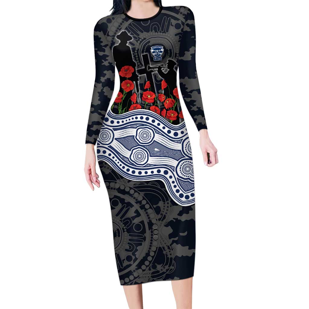 Geelong Cats ANZAC Day Long Sleeve Bodycon Dress Indigenous Dot Art with Poppy Flower Tribute