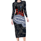 Geelong Cats ANZAC Day Long Sleeve Bodycon Dress Indigenous Dot Art with Poppy Flower Tribute