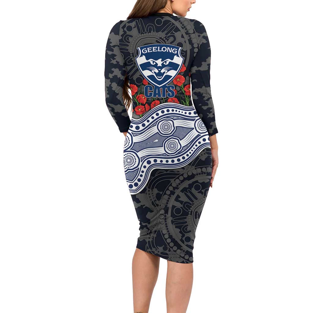 Geelong Cats ANZAC Day Long Sleeve Bodycon Dress Indigenous Dot Art with Poppy Flower Tribute