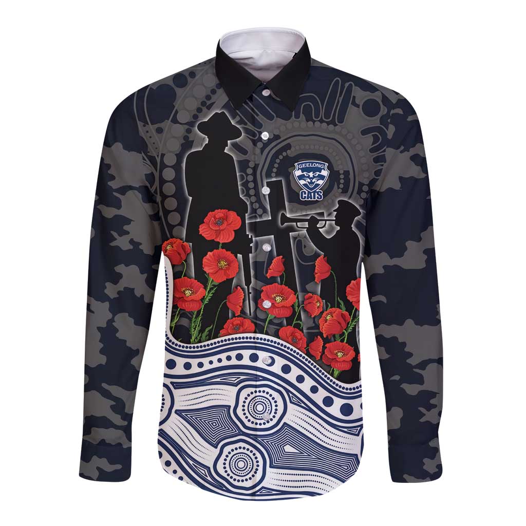 Geelong Cats ANZAC Day Long Sleeve Button Shirt Indigenous Dot Art with Poppy Flower Tribute
