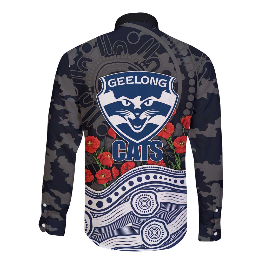 Geelong Cats ANZAC Day Long Sleeve Button Shirt Indigenous Dot Art with Poppy Flower Tribute