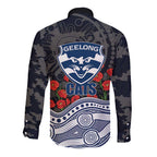 Geelong Cats ANZAC Day Long Sleeve Button Shirt Indigenous Dot Art with Poppy Flower Tribute