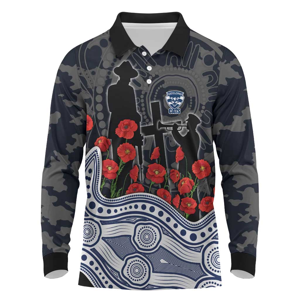 Geelong Cats ANZAC Day Long Sleeve Polo Shirt Indigenous Dot Art with Poppy Flower Tribute
