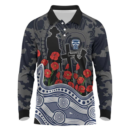 Geelong Cats ANZAC Day Long Sleeve Polo Shirt Indigenous Dot Art with Poppy Flower Tribute