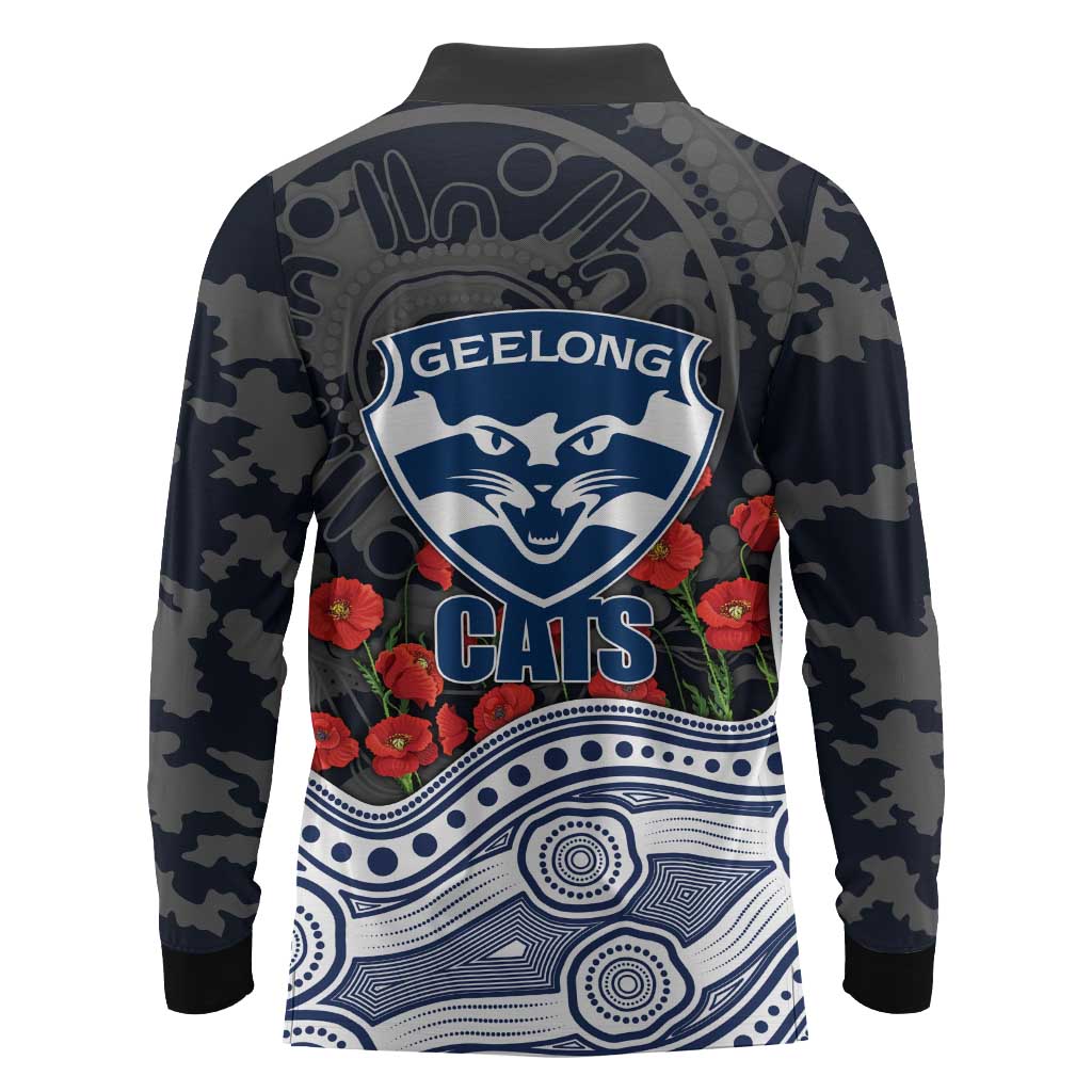Geelong Cats ANZAC Day Long Sleeve Polo Shirt Indigenous Dot Art with Poppy Flower Tribute