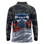 Geelong Cats ANZAC Day Long Sleeve Polo Shirt Indigenous Dot Art with Poppy Flower Tribute