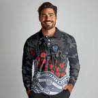 Geelong Cats ANZAC Day Long Sleeve Polo Shirt Indigenous Dot Art with Poppy Flower Tribute