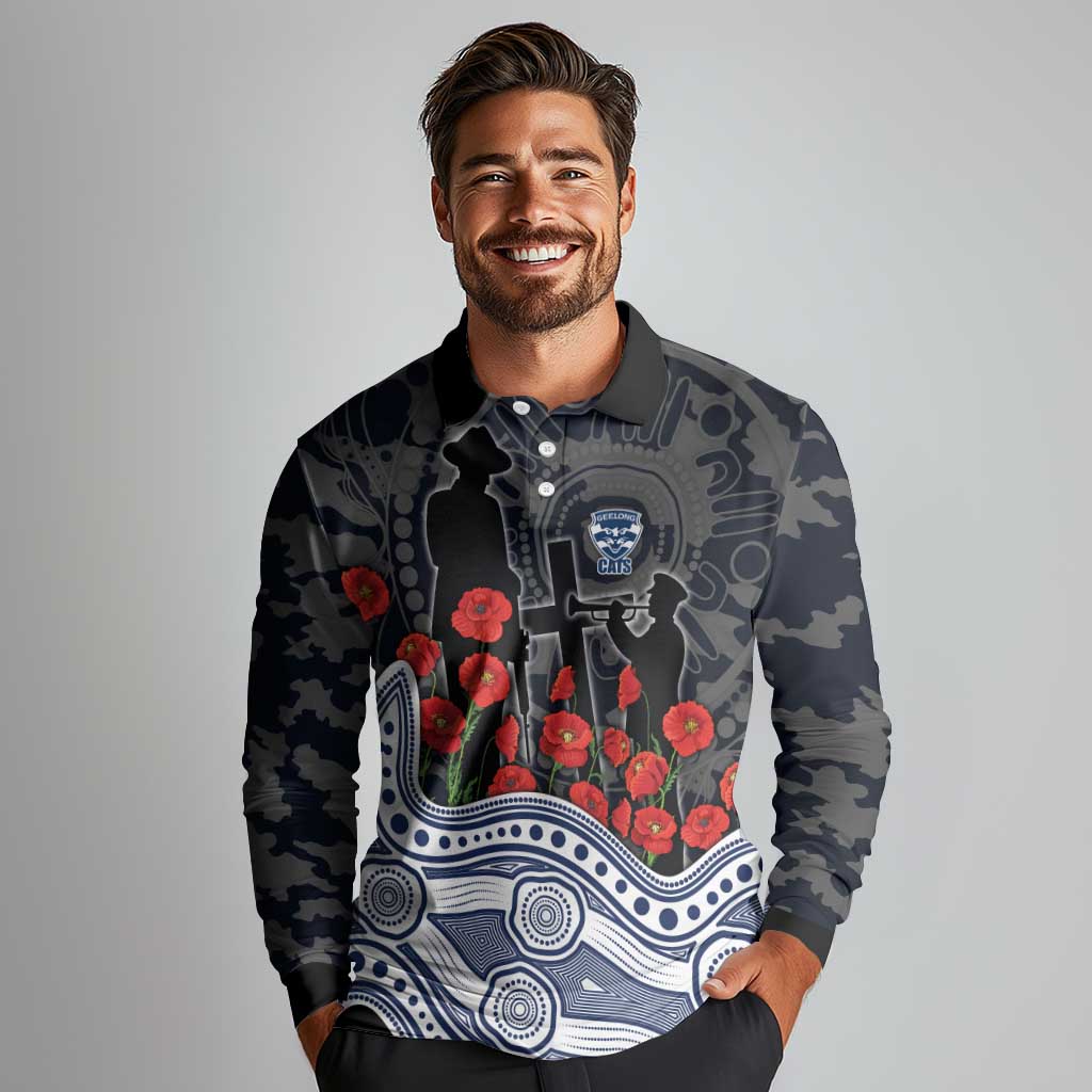 Geelong Cats ANZAC Day Long Sleeve Polo Shirt Indigenous Dot Art with Poppy Flower Tribute