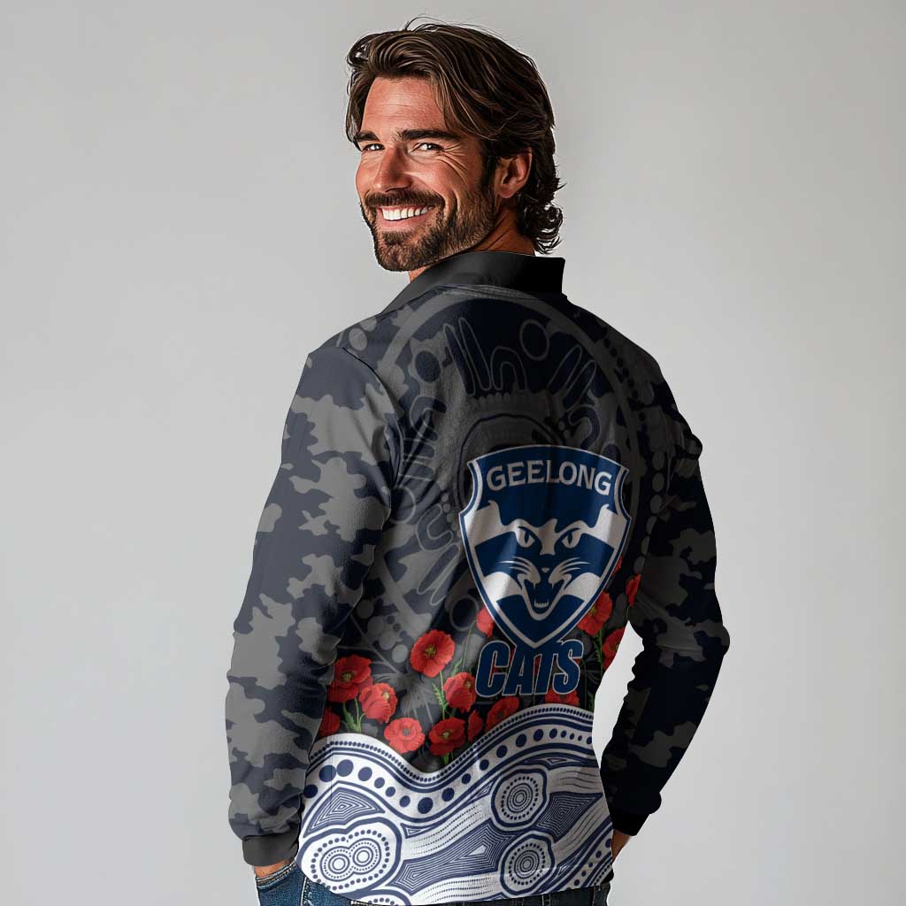 Geelong Cats ANZAC Day Long Sleeve Polo Shirt Indigenous Dot Art with Poppy Flower Tribute