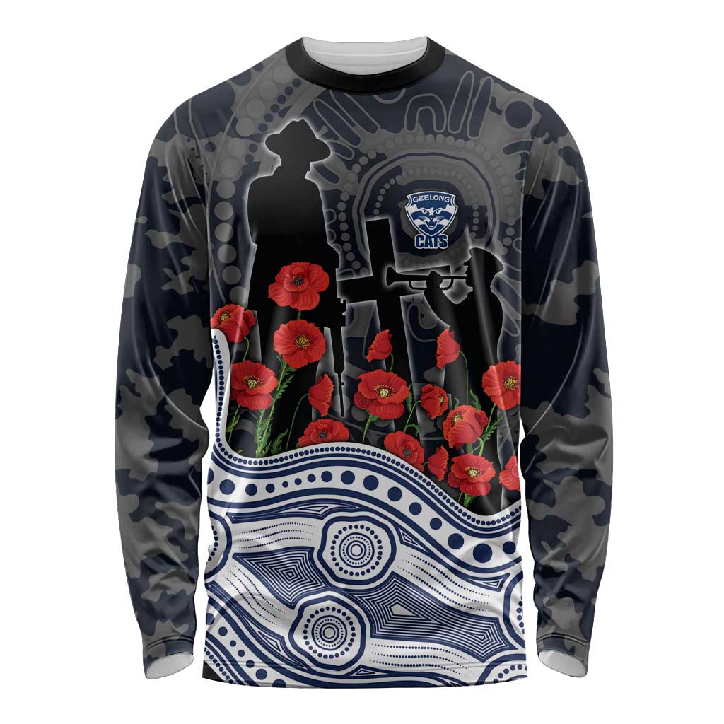 Geelong Cats ANZAC Day Long Sleeve Shirt Indigenous Dot Art with Poppy Flower Tribute
