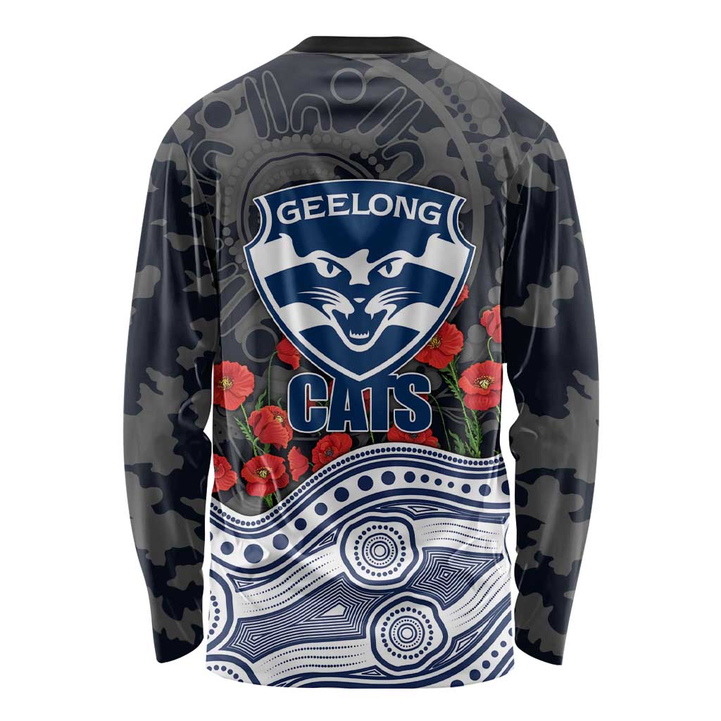 Geelong Cats ANZAC Day Long Sleeve Shirt Indigenous Dot Art with Poppy Flower Tribute