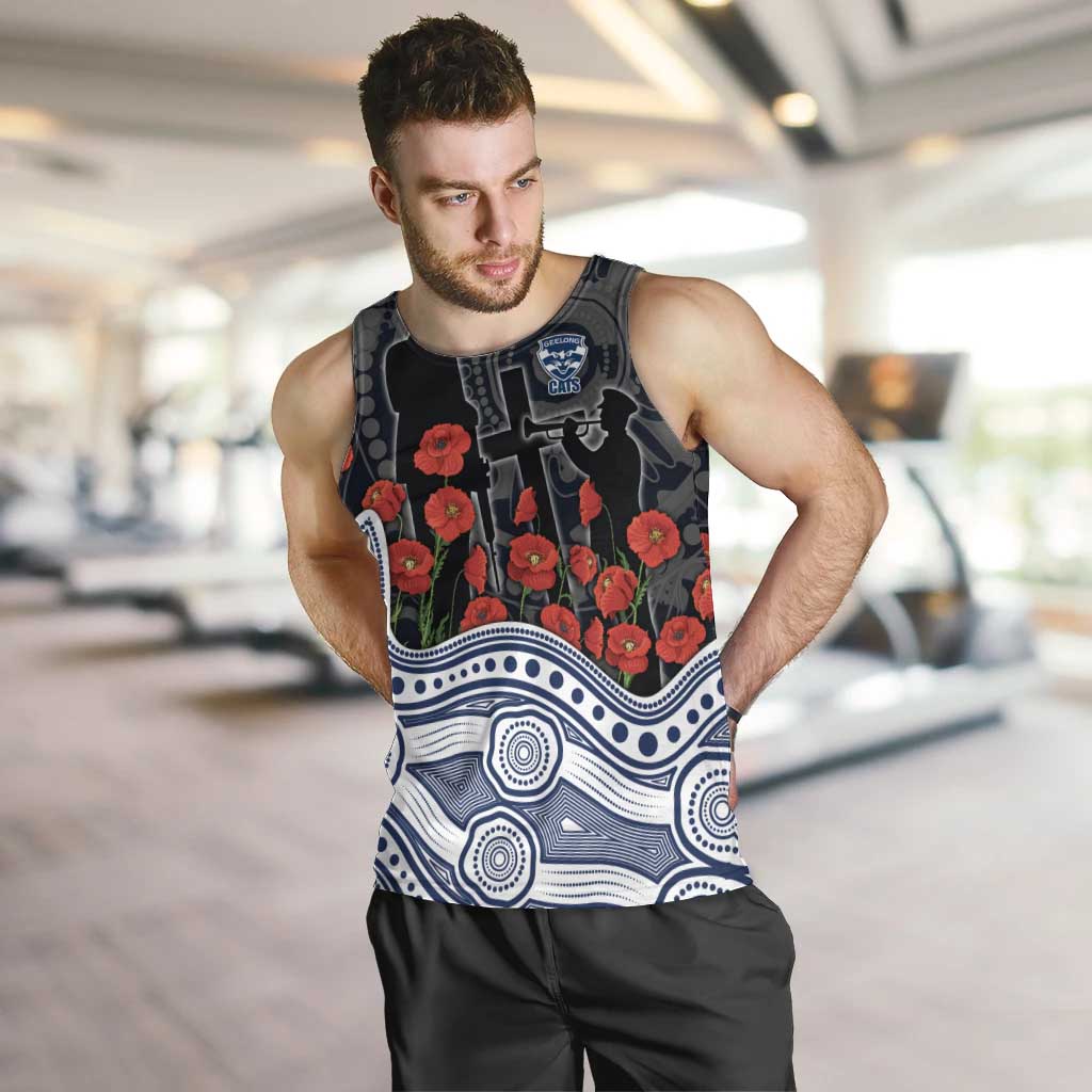 Geelong Cats ANZAC Day Men Tank Top Indigenous Dot Art with Poppy Flower Tribute