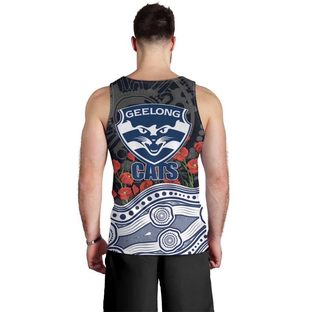 Geelong Cats ANZAC Day Men Tank Top Indigenous Dot Art with Poppy Flower Tribute