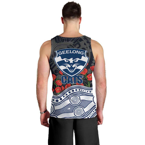 Geelong Cats ANZAC Day Men Tank Top Indigenous Dot Art with Poppy Flower Tribute