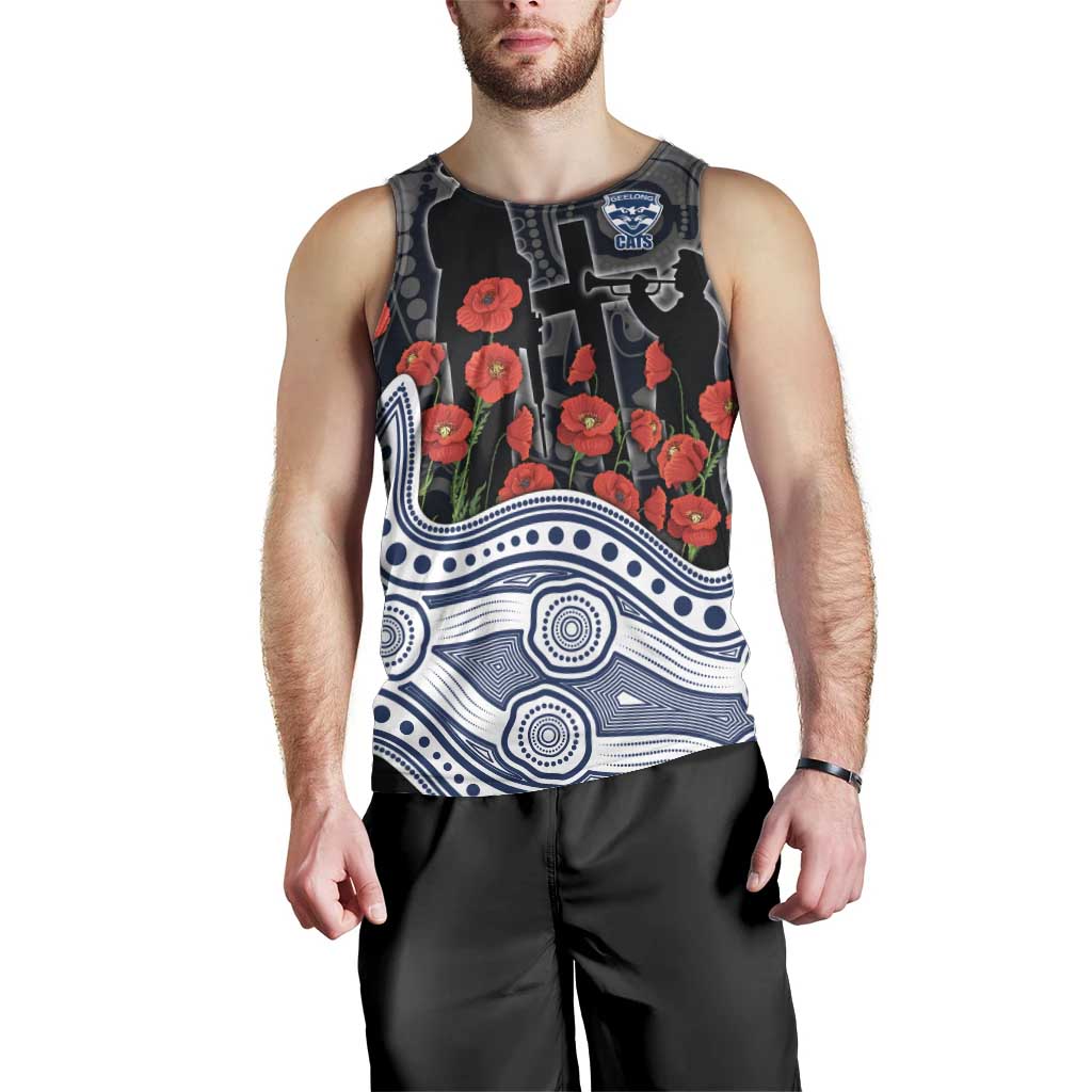Geelong Cats ANZAC Day Men Tank Top Indigenous Dot Art with Poppy Flower Tribute